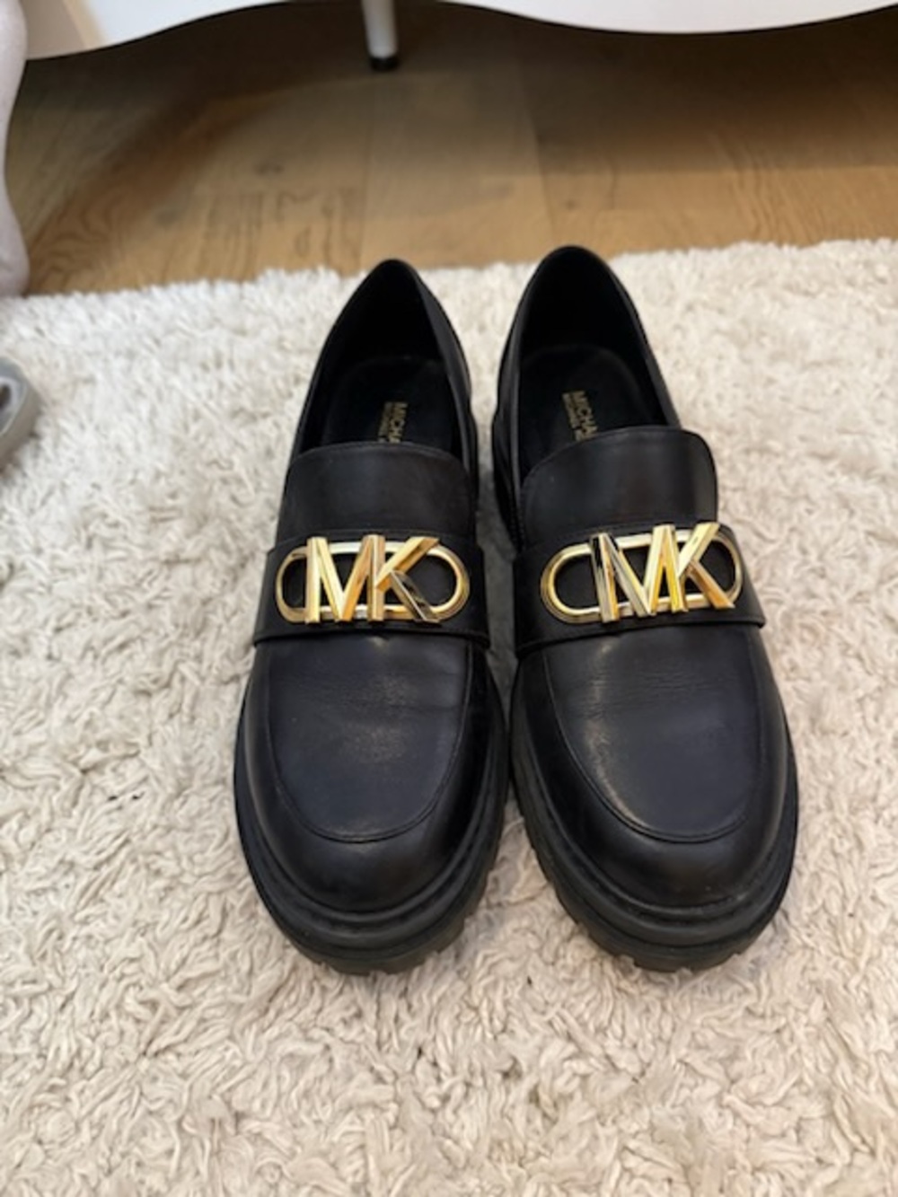 Michael Kors Black Leather Loafers with Gold MK Logo